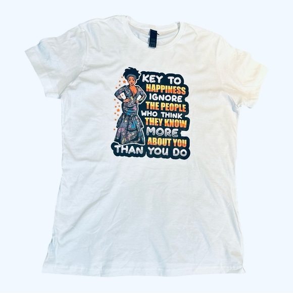 Hand-Pressed "Key to Happiness" Graphic Tee - White, XL - Picture 2 of 6